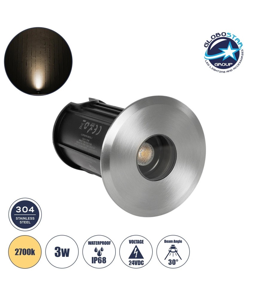 GLOBOSTAR® POOLIFY 61713 Υποβρύχιο Χωνευτό Σποτ για Σιντριβάνια-Πισίνες LED 3W 360lm 30° DC 24V Αδιάβροχο IP68 Θερμό Λευκό 2700K Dimmable - CREE XPE - Ανοξείδωτο Ατσάλι 316 & Tempered Glass - 1m VDE Rubber Καλώδιο - Φ6.5 x Υ8cm - Q5.2cm - 3 Χρόνια Εγγύηση